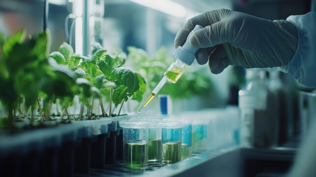 Close up of scientist injecting nutrients into plants, showcasing precision and care