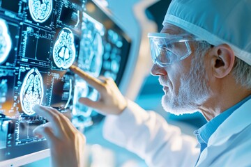 Technicians and engineers configuring high-tech medical devices for use in neuroscience labs, while interacting with real-time digital analytics