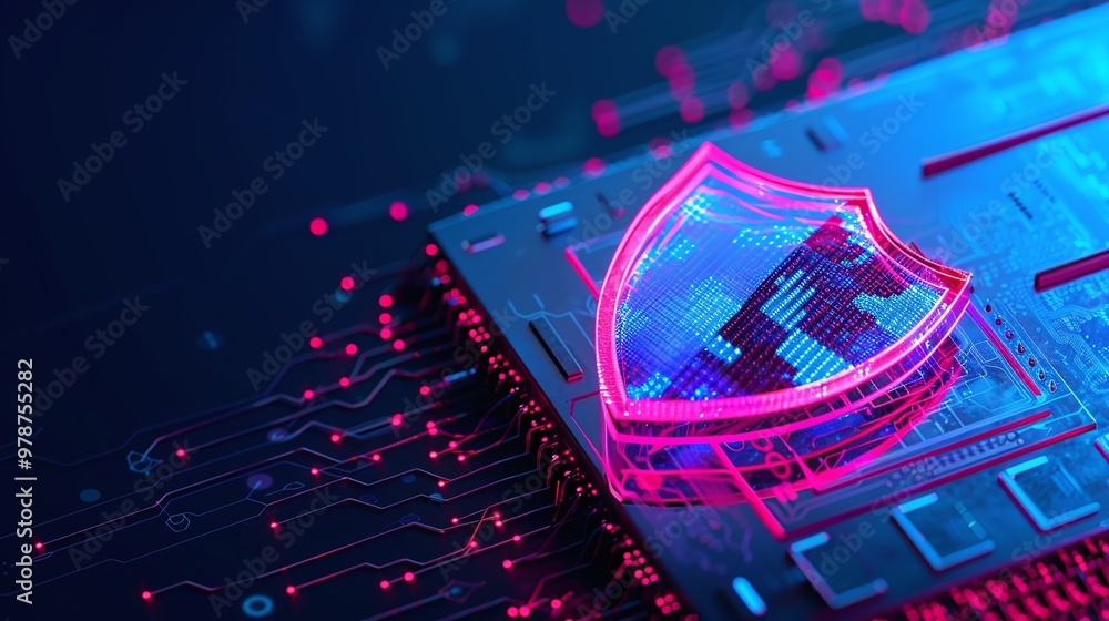 Poster vibrant digital security concept with neon shield symbolizing protection amidst data streams on a ci