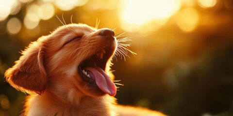 A cute golden retriever puppy yawning in the warm glow of sunset, capturing a moment of pure joy and relaxation.