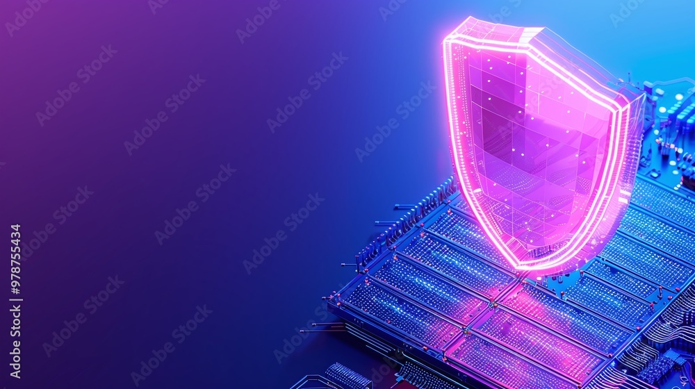 Poster vibrant digital security shield representing data protection in a futuristic tech environment with g