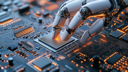 A robotic hand interacts with a computer circuit board in a futuristic setting