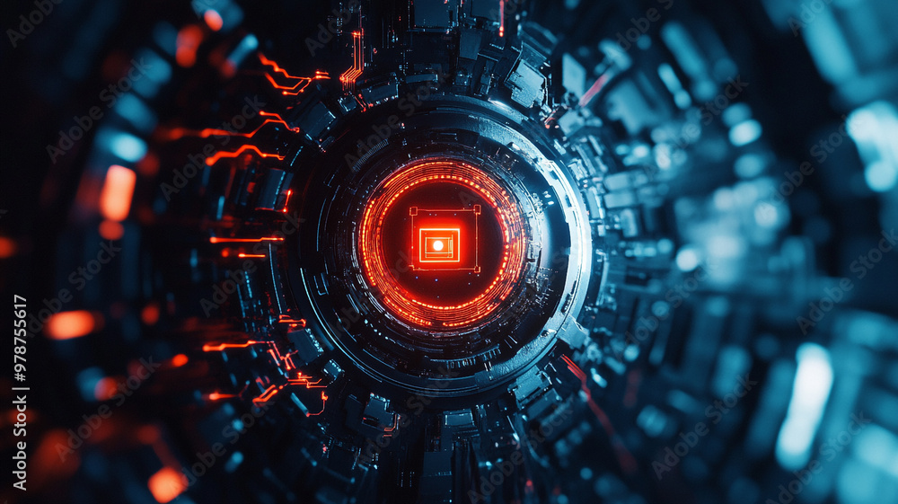 Poster exploring the intricate design of futuristic technology in a glowing circuit board environment