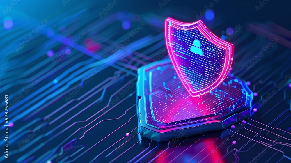 Poster vibrant digital shield icon representing cybersecurity on a circuit board background, emphasizing pr