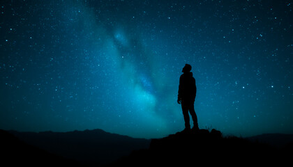 Silhouette of person under Milky Way, symbolizing awe and cosmic wonder