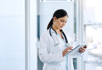 Woman, doctor or medical research with tablet for schedule appointment or service at hospital....