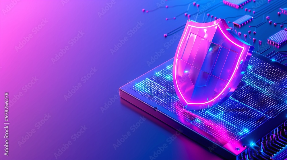 Poster vibrant digital shield representing cybersecurity on a circuit board. a fusion of technology and pro