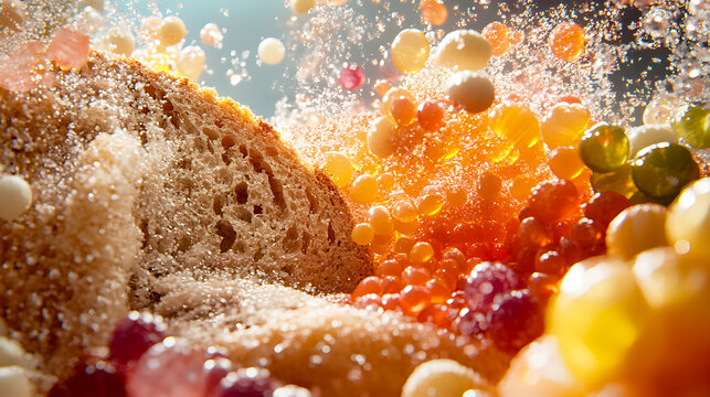 Carbohydrate breakdown/ A sequence showing carbohydrates like bread being broken down into glucose