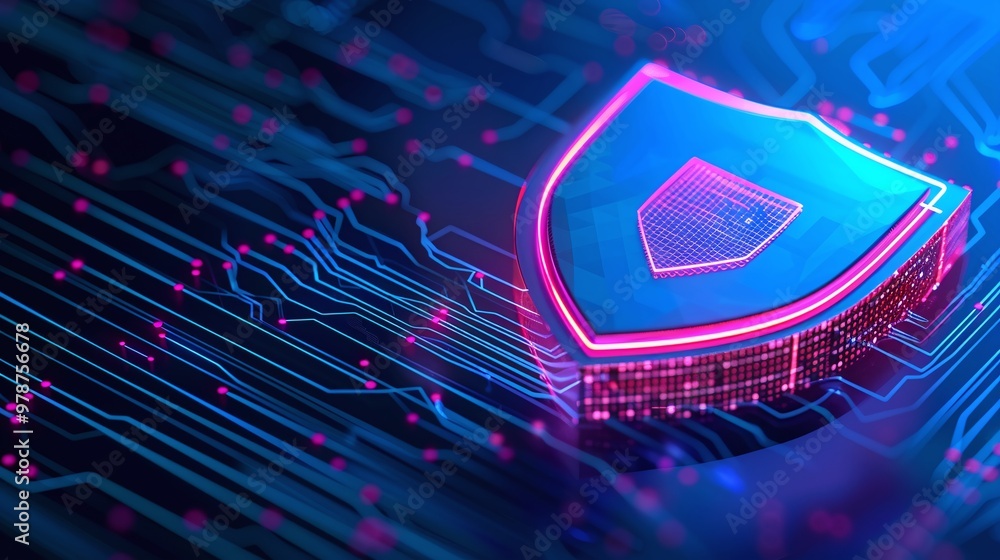 Poster vibrant digital shield representing cybersecurity with glowing circuits, emphasizing protection and 