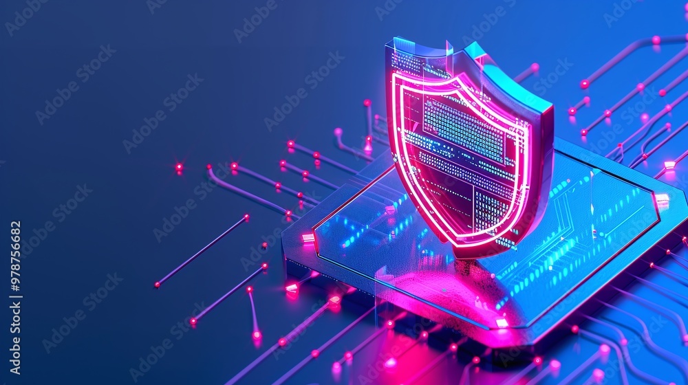 Wall mural vibrant digital shield symbolizing cybersecurity, representing protection and safety in the digital 