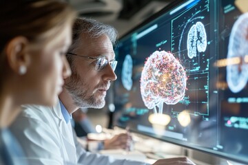 Researchers in a neuroscience facility having a meeting, with data projections of brain activity and viral medical content in the background