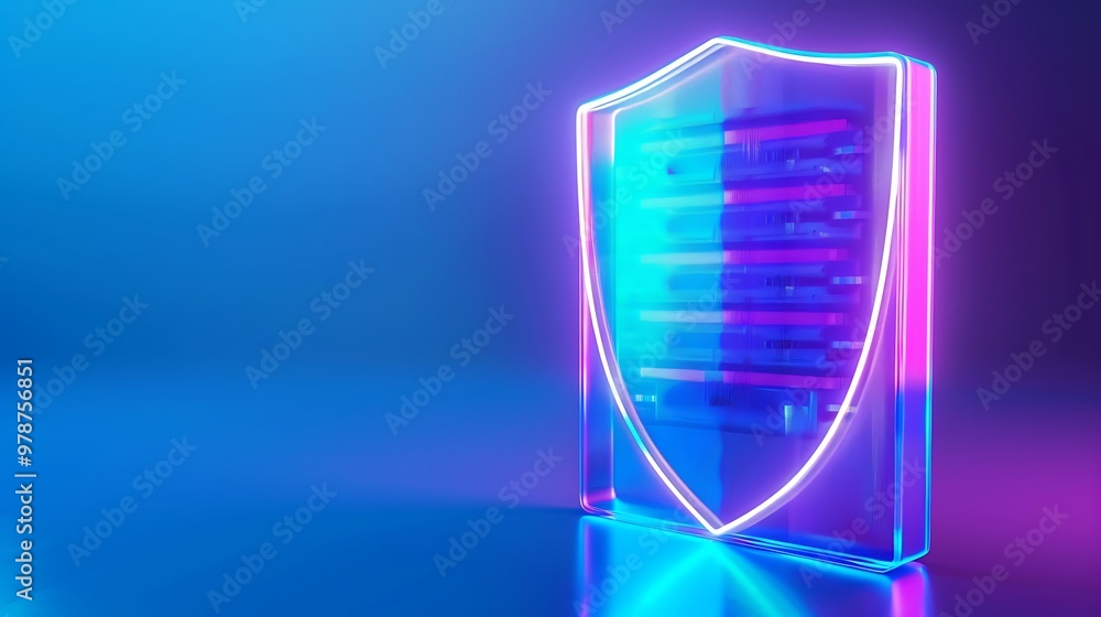 Poster Vibrant neon shield design representing security and protection in a digital environment.
