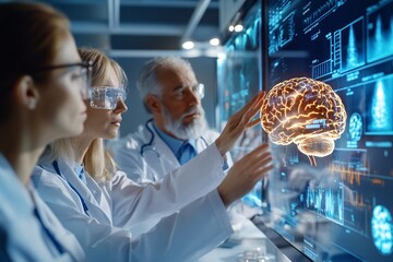 Researchers in a neuroscience facility having a meeting, with data projections of brain activity and viral medical content in the background