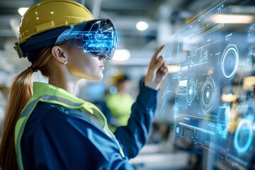Technicians overseeing assembly line operations for electronics, with augmented reality data visualizations overlaying the workspace