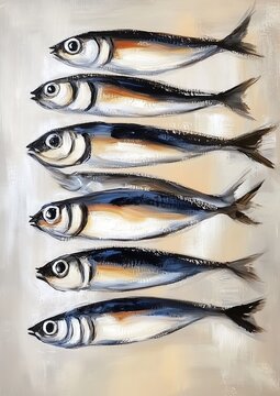 sardines painting, blue and white, vertical arrangement clip art preview