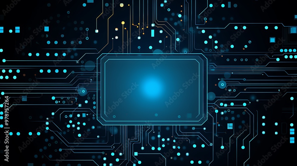 Poster Abstract Digital Circuit Board with Glowing Blue Lines and a Central Empty Space