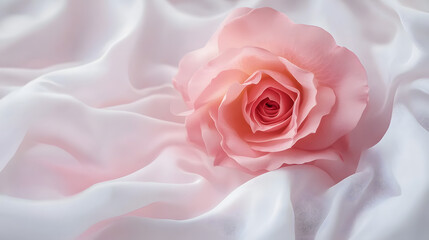 a close up of a pink flower on a bed of white fabric with a pink rose in the center of the photo.