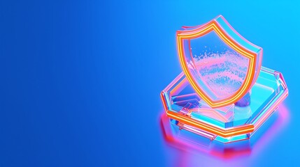 Vibrant neon shield symbol on a glowing background, representing protection and security in a modern digital age.