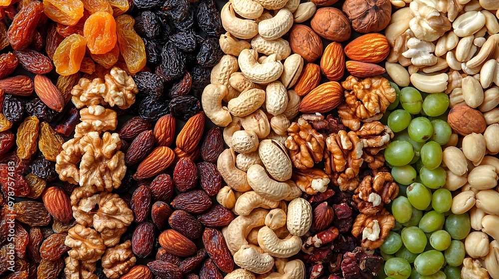 Aufkleber Dried Fruits and Nuts Background Texture Top View : Generative AI
