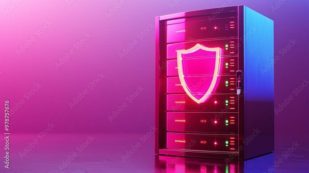 Poster vibrant server design with glowing shield symbolizing data protection and cybersecurity in a modern 