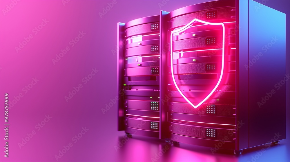 Aufkleber vibrant server rack with neon shield representing data security and protection in modern technology.
