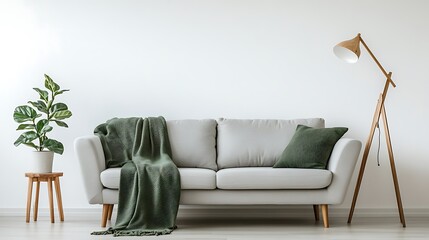 Elegant modern living room with a light gray sofa, green blanket, wooden floor lamp, and a white wall background