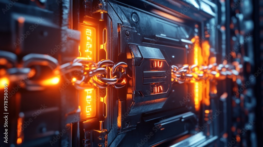 Poster an illustration of a digital vault with glowing locks and chains, representing data security and pro