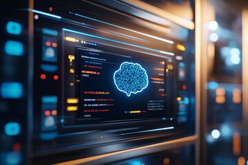 A futuristic digital screen displaying a chatbot interface with a blue brain icon and flowing data lines in the background of a high-tech server room. The interface features text welcoming users to a