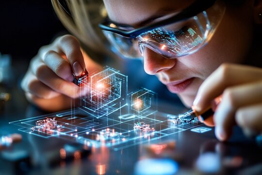 Researchers setting up electronics assembly processes while visualizing real-time viral data on floating holograms in a high-tech lab environment