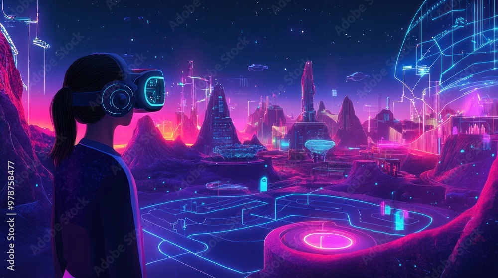 Poster an illustration of a virtual reality game environment, with digital landscapes and interactive eleme