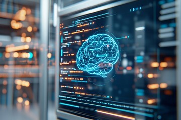 A digital screen featuring a chatbot interface with a blue digital brain symbol in front and data cables in the server room behind it. Futuristic graphs and code elements overlay the screen.