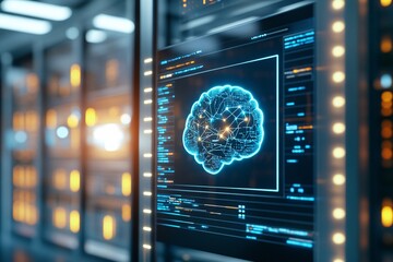 A digital screen featuring a chatbot interface with a blue digital brain symbol in front and data cables in the server room behind it. Futuristic graphs and code elements overlay the screen.