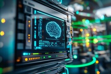 A futuristic AI chatbot interface is displayed on a digital screen with a blue brain icon and a sleek server room in the background. Green data streams run through the wires behind it.