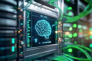 A futuristic AI chatbot interface is displayed on a digital screen with a blue brain icon and a sleek server room in the background. Green data streams run through the wires behind it.
