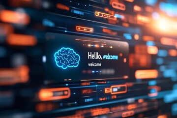 A digital screen presents an AI chatbot interface featuring a blue brain icon and the message "Hello, welcome" with a background of servers and digital data.