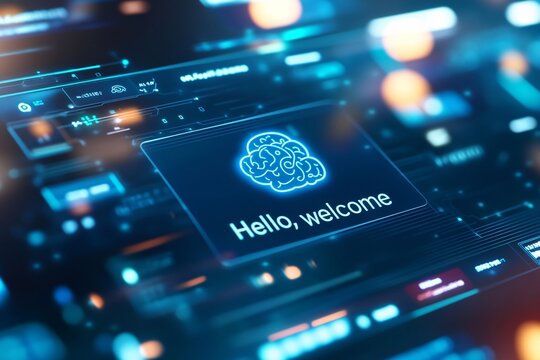 A digital screen presents an AI chatbot interface featuring a blue brain icon and the message "Hello, welcome" with a background of servers and digital data. - Powered by Adobe