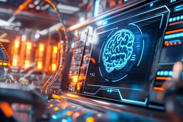 A large sci-fi themed digital display shows a chatbot interface with an abstract brain icon in blue. In the background, a futuristic server room with glowing data cables and technology infrastructure
