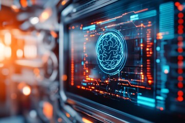 A large sci-fi themed digital display shows a chatbot interface with an abstract brain icon in blue. In the background, a futuristic server room with glowing data cables and technology infrastructure