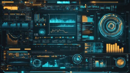 Fototapeta premium An illustration of various tech processes, including data analysis and machine learning, displayed on a digital dashboard