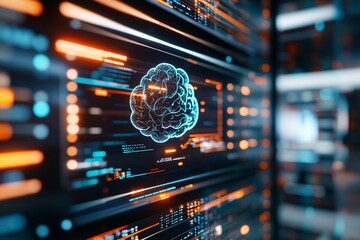 An AI interface on a digital screen with a hologram-style brain icon and data flowing through a futuristic server room. The background showcases cutting-edge technology infrastructure.