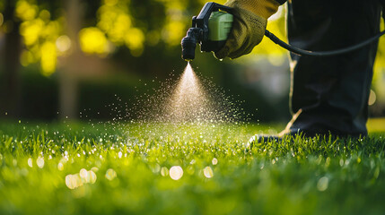 Worker spraying pesticide on green lawn outdoors to kill pests