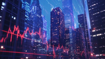 Fototapeta premium New York City skyscrapers with a glowing forex trading chart overlay, representing market trends and global commerce.