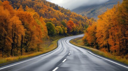 Autumn mountain road, car on highway. Winding asphalt road in autumn mountains. Chuisky tract in autumn.