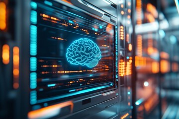 A sci-fi inspired AI interface displayed on a large digital screen with a blue brain icon and flowing data lines. In the background, a futuristic server room is highlighted.
