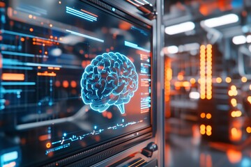 A sci-fi inspired AI interface displayed on a large digital screen with a blue brain icon and flowing data lines. In the background, a futuristic server room is highlighted.