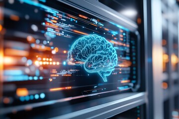 A digital screen in a server room showcases an AI chatbot with an illustration of a blue brain and flowing data lines. The screen is framed by technology and coding graphics.