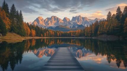 Fototapeta premium Autumn sunset on Misurina lake with wooden walkway in foreground and Dolomite Alps in background, Italy.