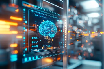 Obraz premium A sci-fi digital screen presents an AI chatbot with a blue brain symbol and futuristic data visualization elements. In the background, a large server room with glowing data cables is highlighted.