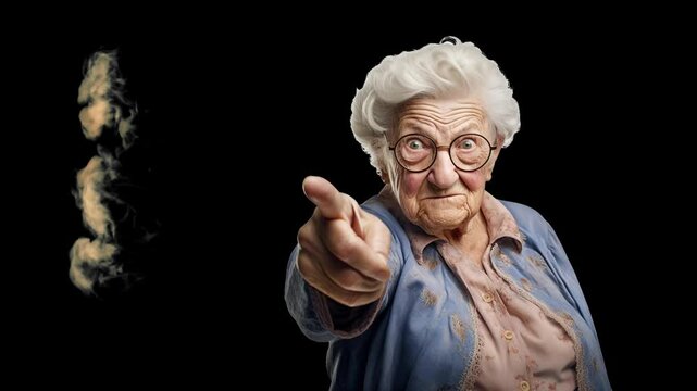 An Angry Elderly Woman Pointing Her Finger With Smoke and Fire Erupting From Her Ears