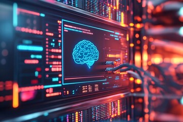 Obraz premium A sci-fi themed digital screen with an AI interface and a blue brain icon is displayed, set against a server room filled with glowing data cables and coding visuals.
